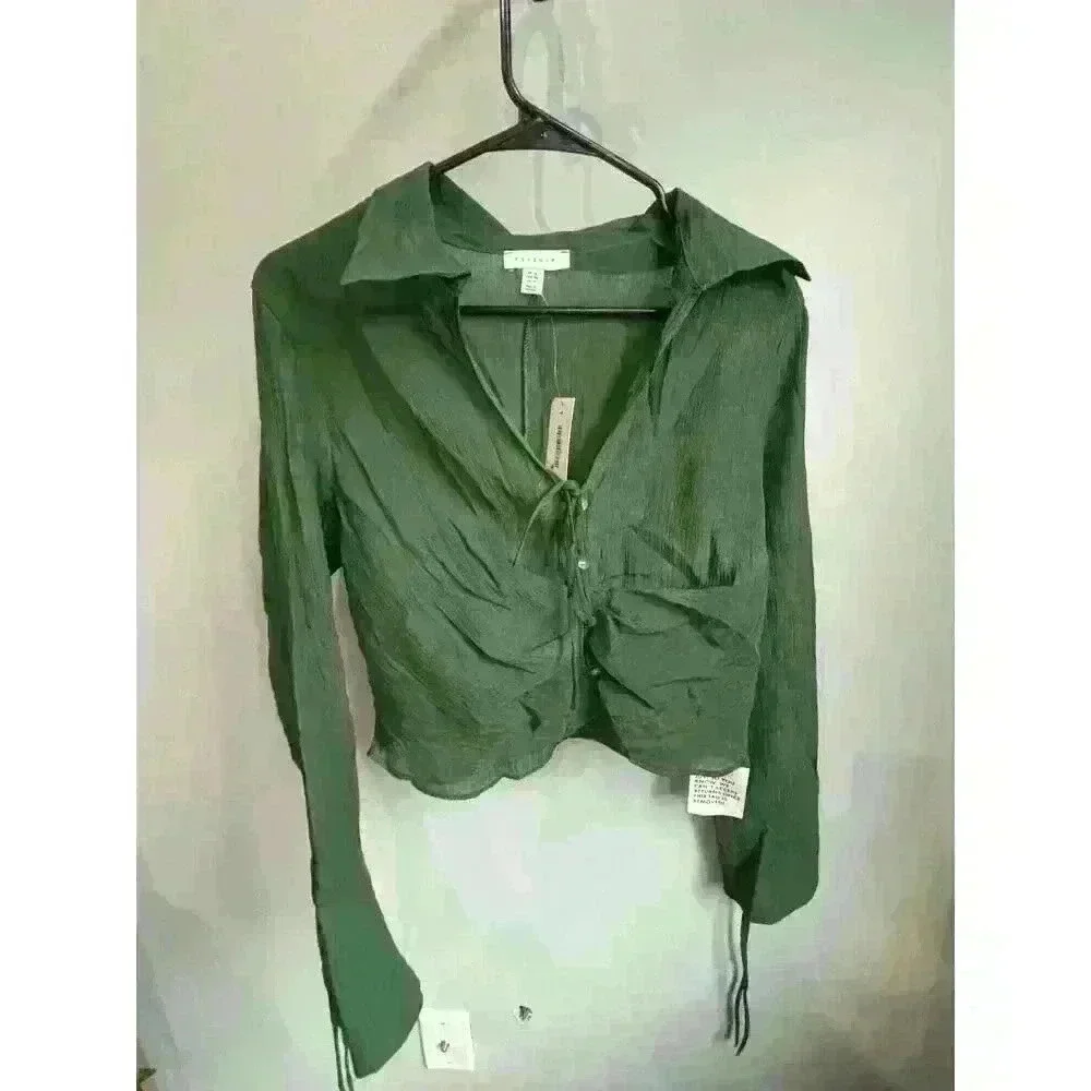 Topshop Button Down Cropped Blouse in bottle green Size 12 - Picture 6 of 9